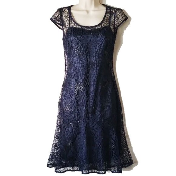 Kay Unger Dresses & Skirts - Kay Unger Sequined Lace Cap Sleeve Flounce Dress With Satin Slip 4 Navy